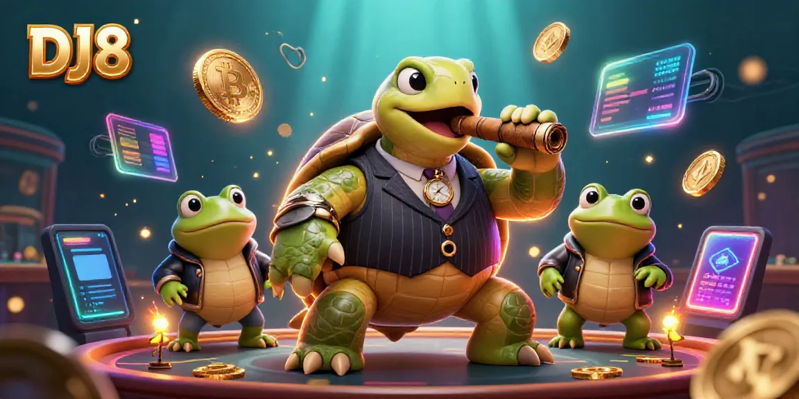 Enjoy DJ8 gaming with a vibrant casino scene featuring a snapping turtle and bullfrogs.