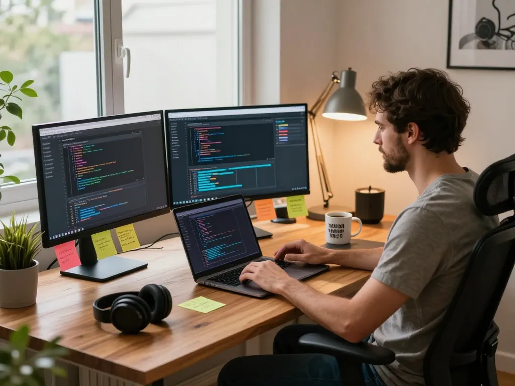 Developer using clawd bot in a vibrant home office setting with multiple monitors.