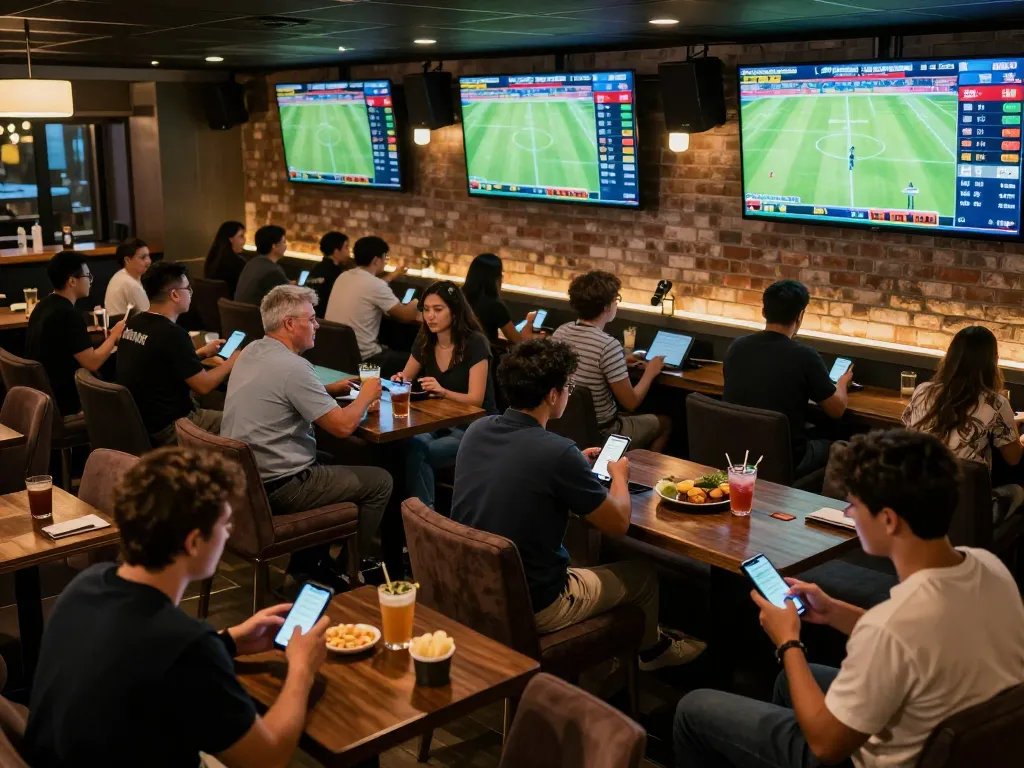 Patrons engaging with ty le keo nha cai while placing bets on football matches in a lively sports bar