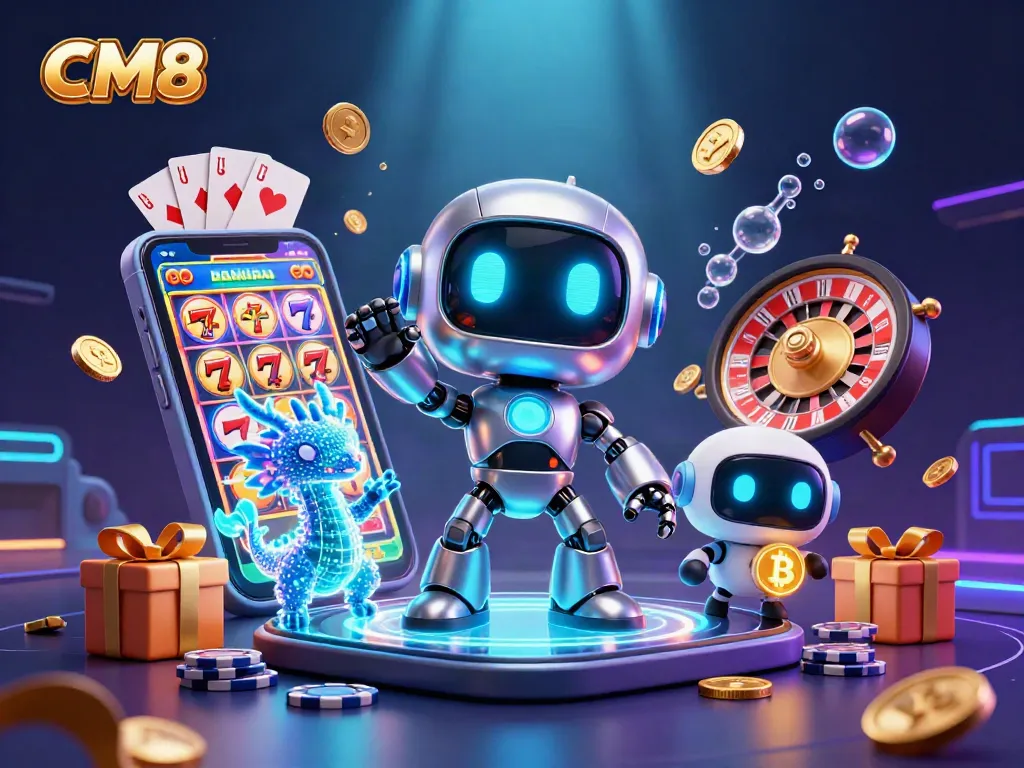 Engage with CM8 casino excitement through an epic 3D scene with a cyberpunk mascot.