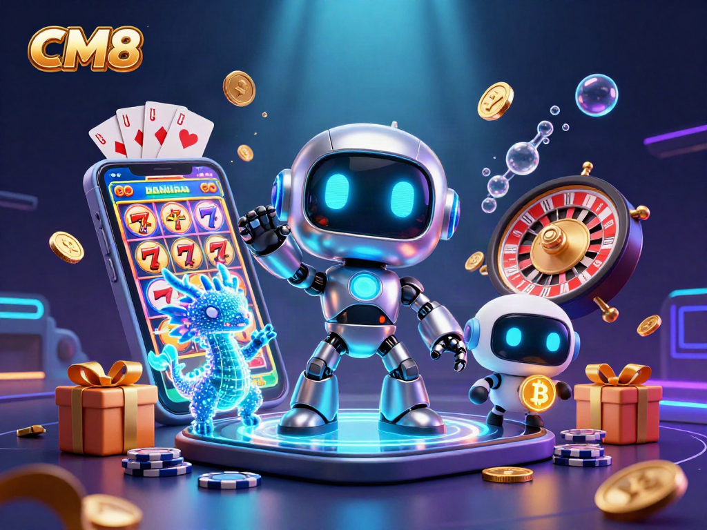 Engage with CM8 casino excitement through an epic 3D scene with a cyberpunk mascot.