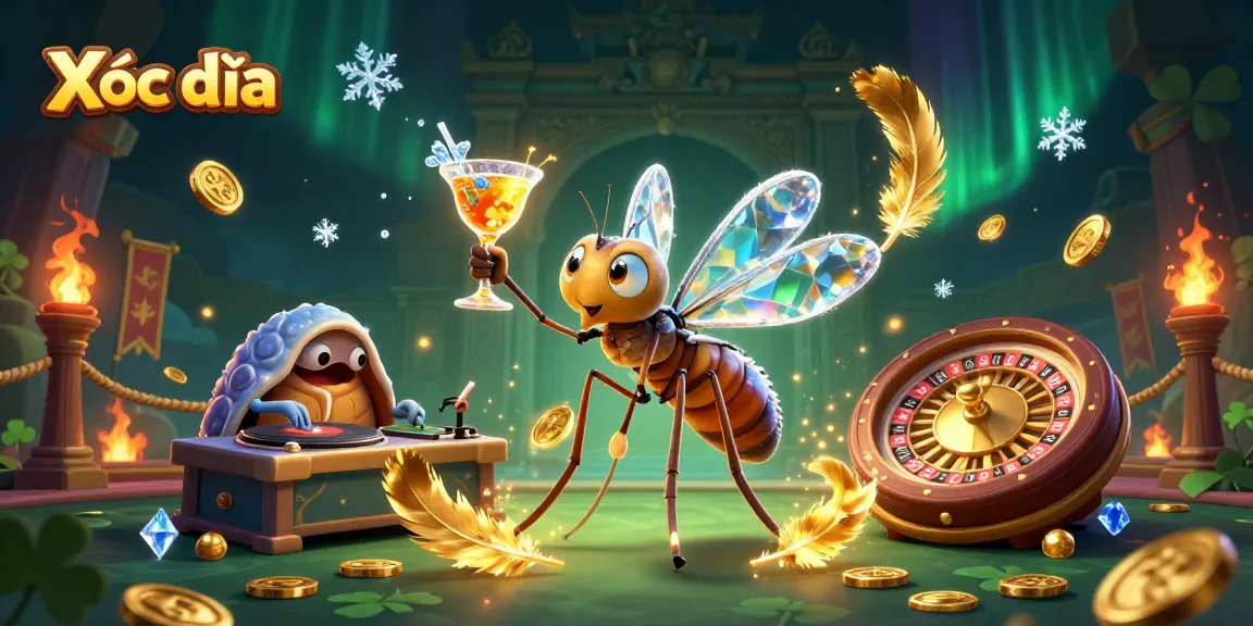 Xóc đĩa gameplay featuring a vibrant 3D scene with a charming casino mascot, dynamic DJ, and golden roulette wheel.