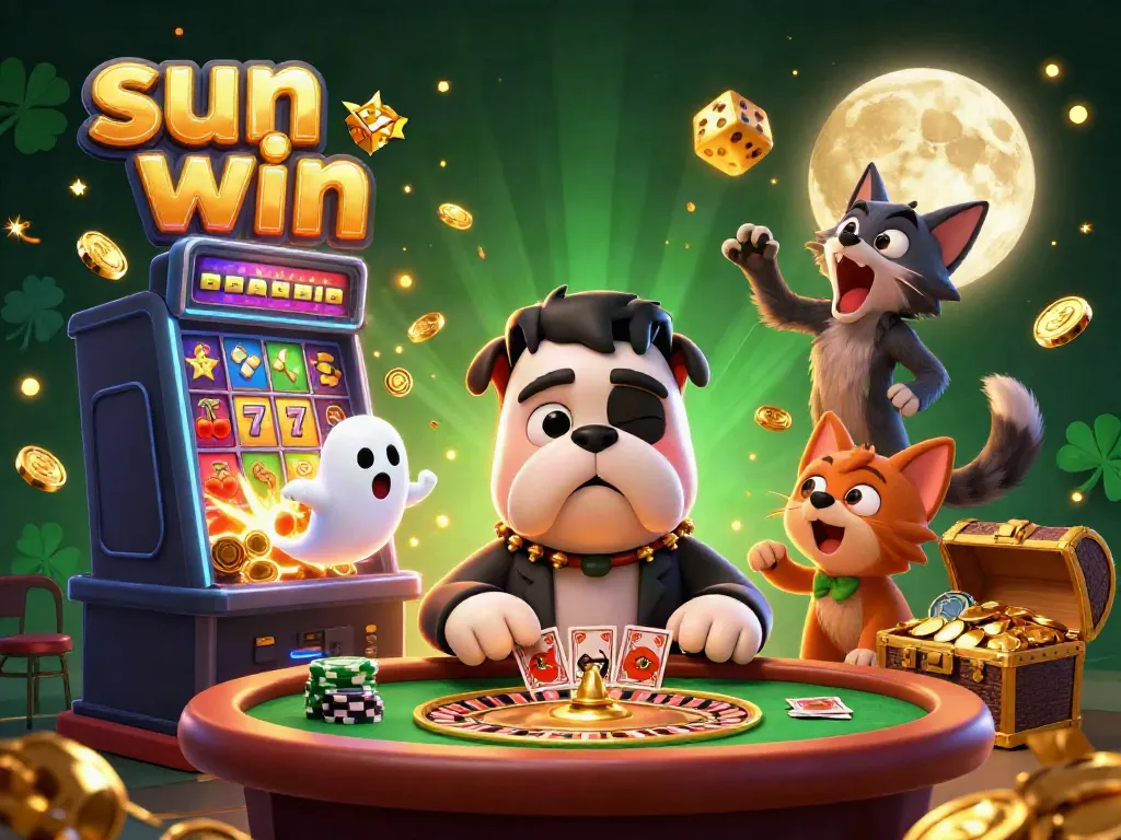 Experience thrilling gameplay with sun win where a cartoon bulldog dealer interacts with whimsical characters at a casino table.