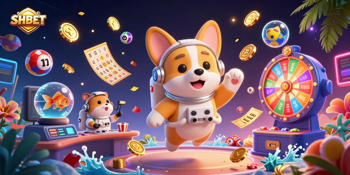 Experience SHBET's thrilling casino adventure with a cartoon astronaut corgi floating in a vibrant space-themed casino.