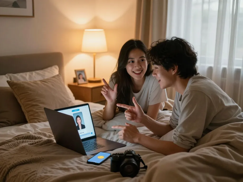Engaging 18+ ai chatbot interactions in a cozy bedroom with warm lighting.
