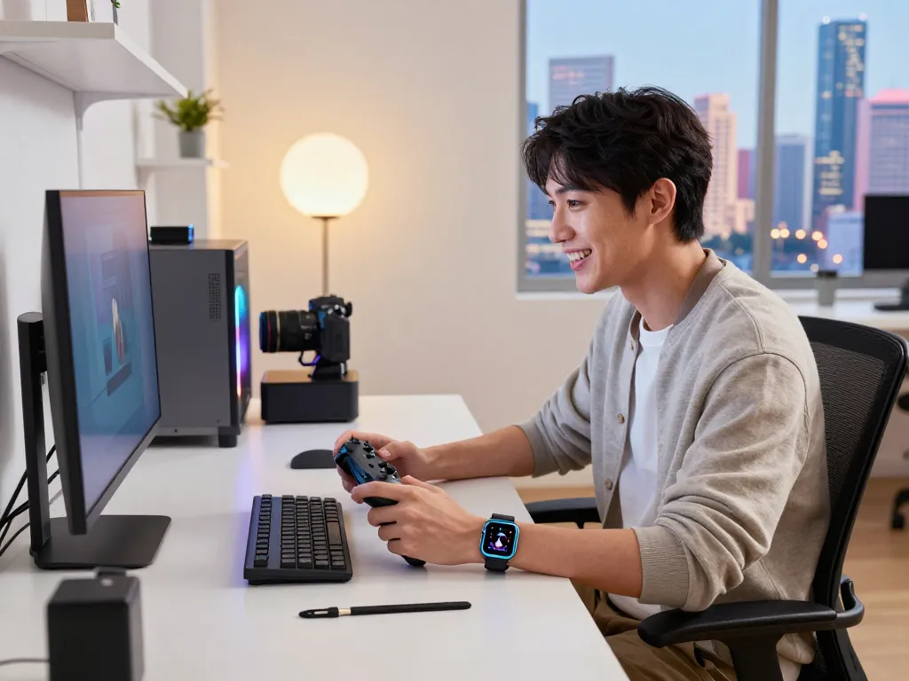 Engaged tech enthusiast exploring unique tech gadgets in a modern workspace.