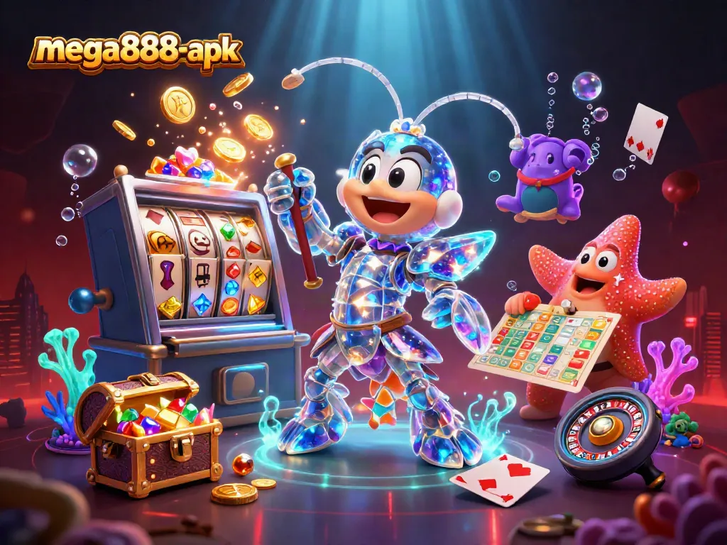 Experience mega888-apk's thrilling slot game adventure with 3D cartoon characters amidst exploding coins and creative elements.
