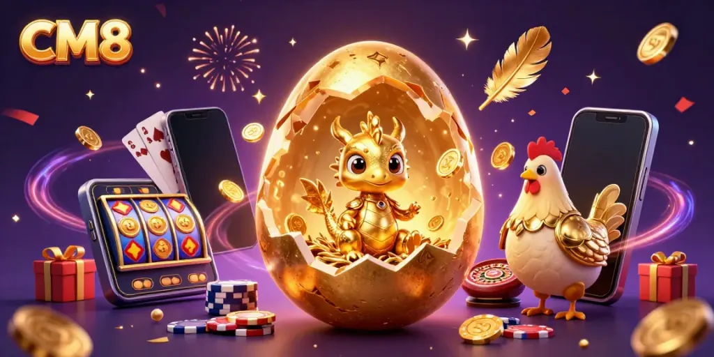 CM8 showcases a captivating scene with a golden egg, baby dragon, and dynamic casino elements.