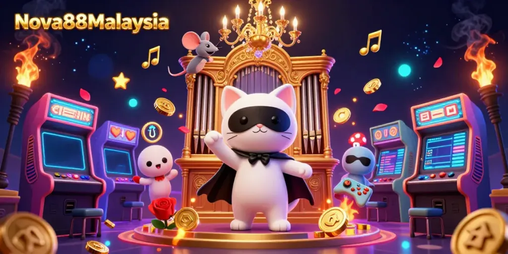 Experience thrilling gameplay at Nova88Malaysia with a dynamic 3D casino-themed illustration featuring iconic characters and elements.