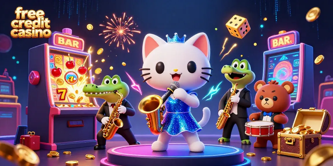 Play at a free credit casino featuring vibrant characters and dynamic slot machines.