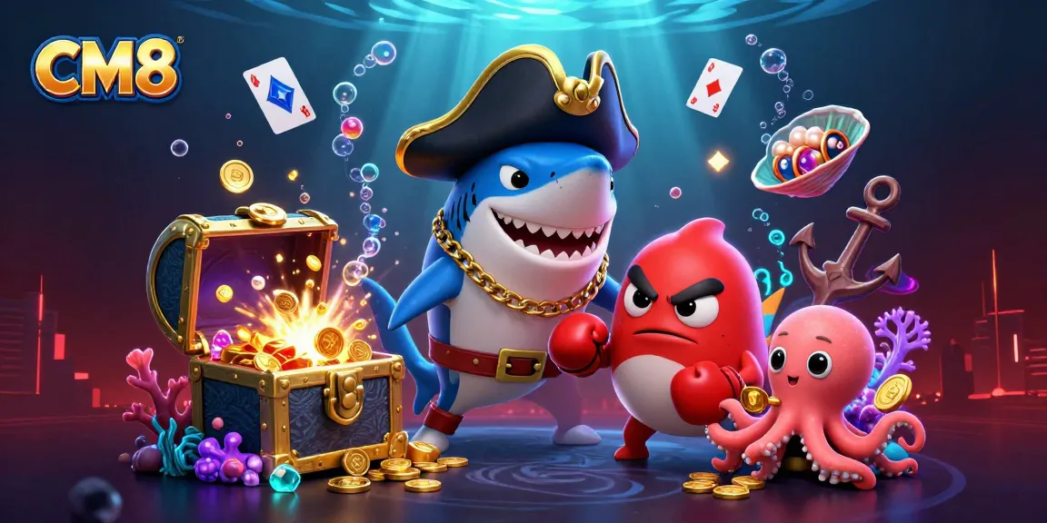 Players enjoy exciting games at CM8, featuring fun characters and rich casino elements in a vibrant design.