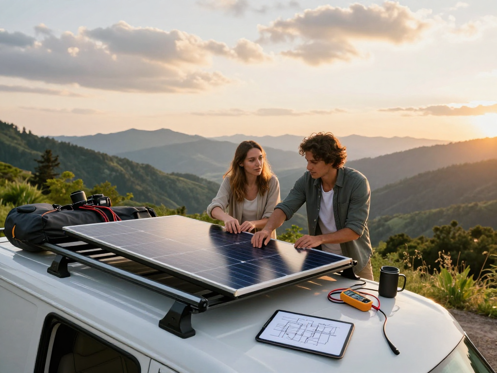 Couple enjoying van life while installing solar panels, capturing the essence of rokok88 login adventure.