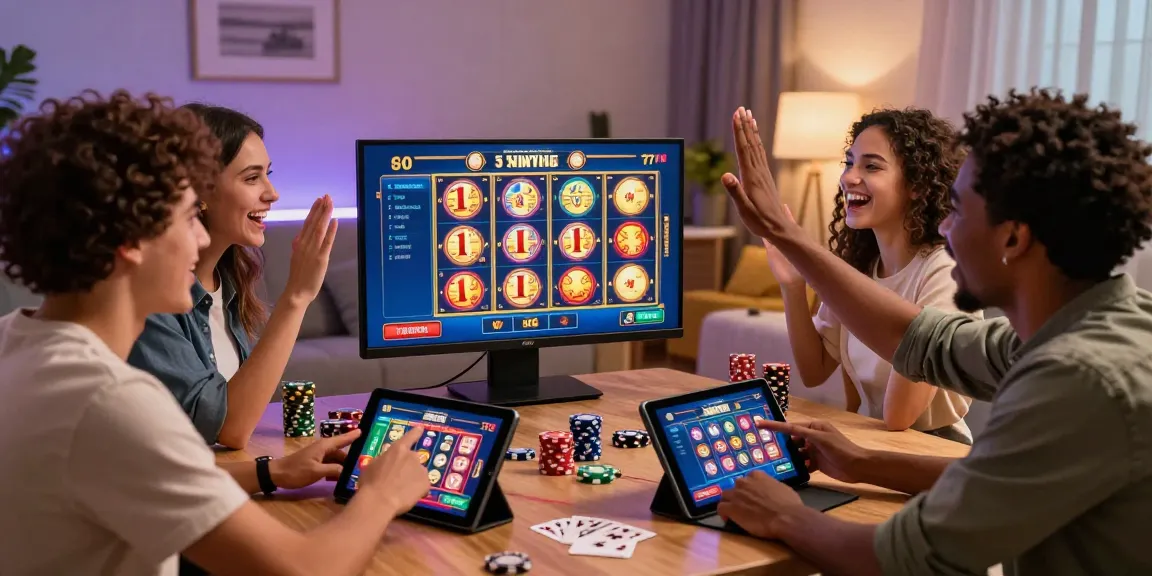 Friends celebrating a big win on slot gacor at AWSLOT777 in a lively online gaming environment.