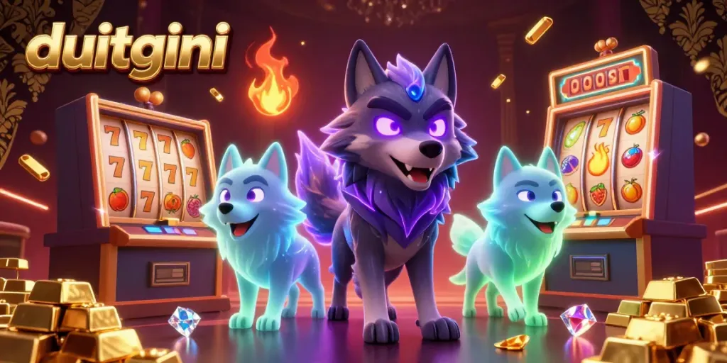 Create winning moments with duitgini's vibrant casino scene featuring a shadow wolf leader among slot machines.