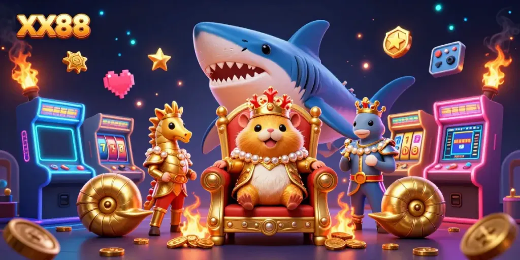 Experience thrilling gameplay at XX88 with colorful arcade machines and a fierce golden hamster king