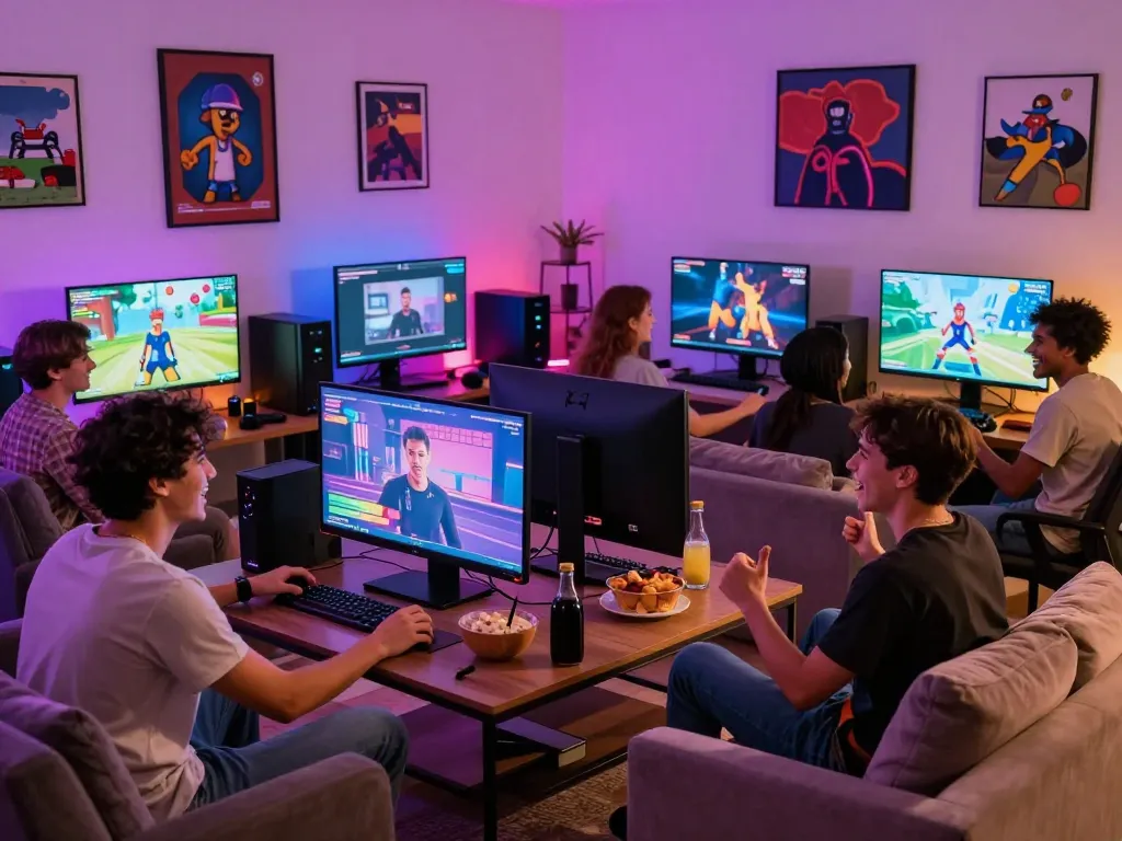Engaging multiplayer gay porn games session with friends in a lively living room atmosphere.
