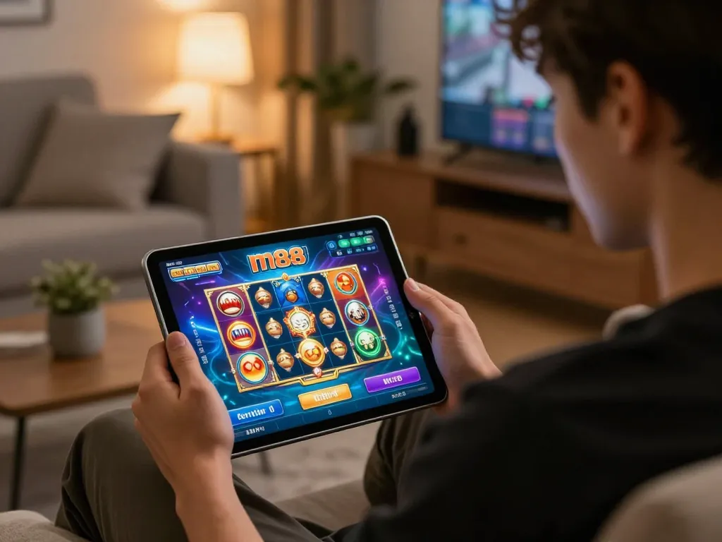 Engaging gameplay while using m88 slot login on a tablet in a cozy living room.