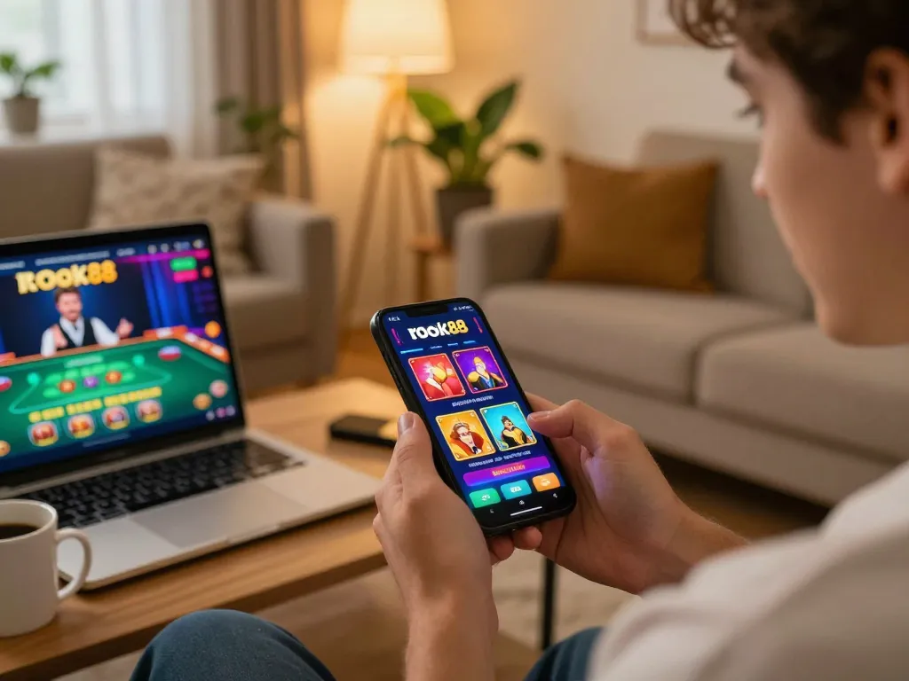 Player enjoying the rokok88 casino app on a smartphone in a cozy home setting.