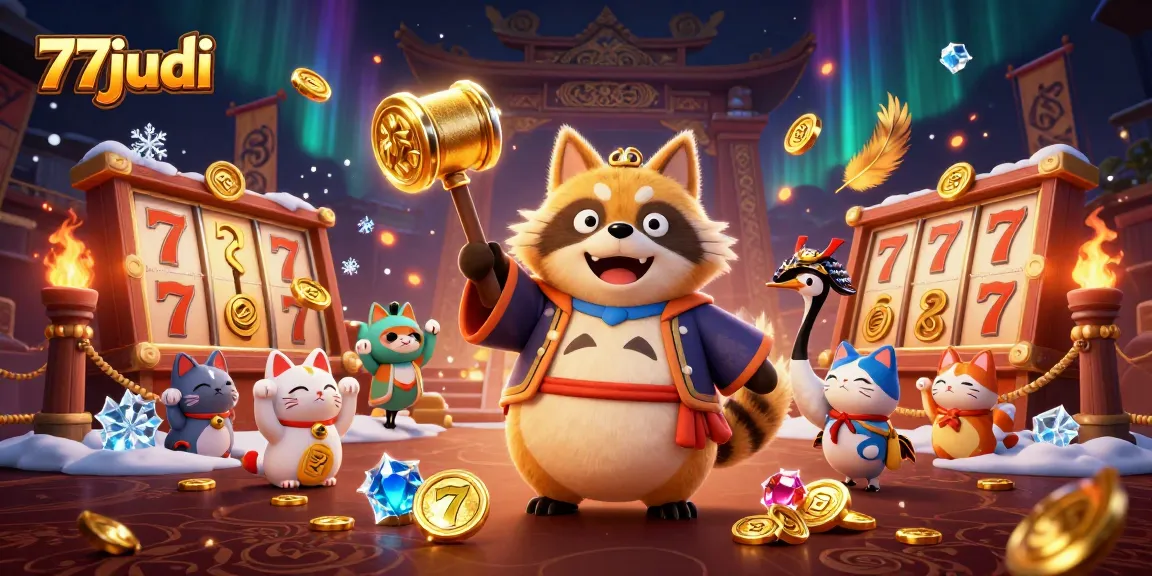Experience excitement at 77judi casino with festive tanuki and vibrant games all around.
