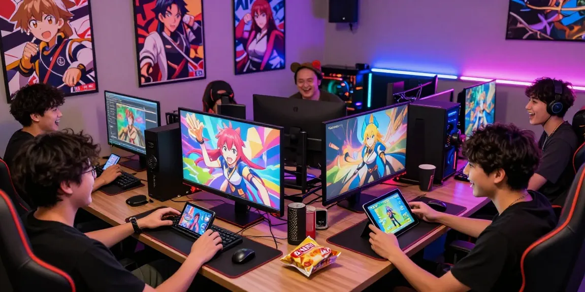 Friends enjoying an ecchi game on multiple devices in a vibrant gaming lounge.