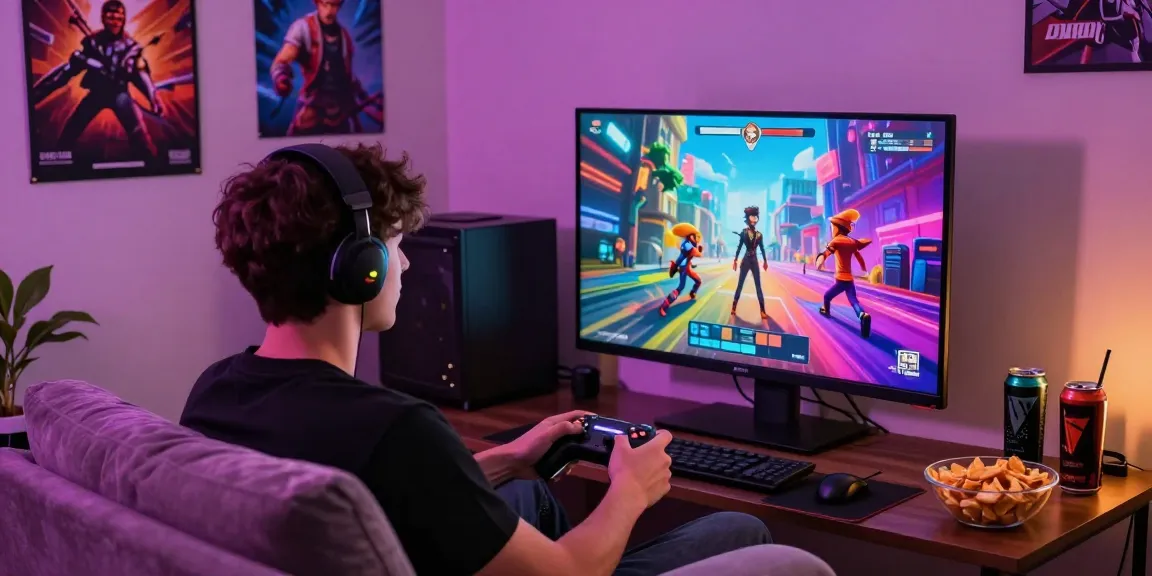 Engaging gamer enjoying an nsfw game in a cozy setup with vibrant visuals.
