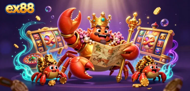 Experience the thrill of gambling at ex88 with a dynamic illustration featuring a golden crab emperor surrounded by exciting gaming elements.