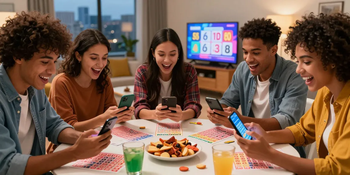 Friends celebrating while checking Winbox lotto 4d results together, full of excitement and anticipation in a cozy setting.