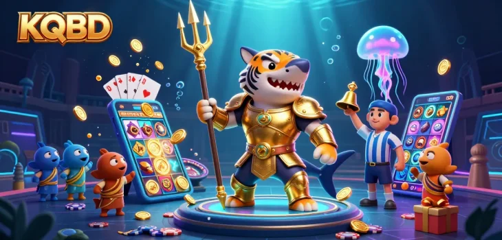 Engage with KQBD's thrilling underwater casino adventure featuring a glowing tiger shark.