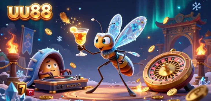 Experience thrilling wins at uu88 with a vibrant online casino scene featuring a lively mascot and golden roulette wheel.