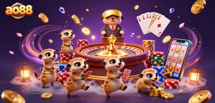 Experience the vibrant gambling excitement at ao88 with MeerKat Casino characters amidst cascading gold coins and a spinning roulette wheel.