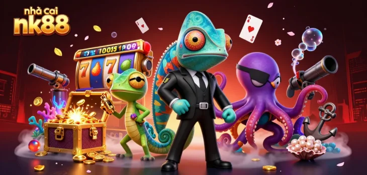 Experience the excitement at nhà cái nk88 with a thrilling game scene featuring slot reels and dynamic characters.