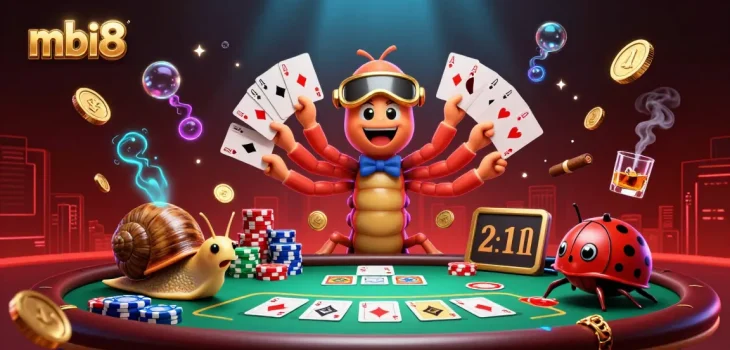 Experience the thrill at mbi8 casino with a vibrant scene of a cartoon dealer and high-roller snail in action.