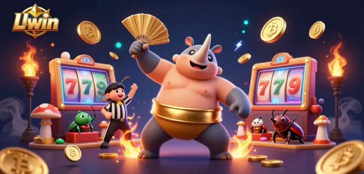 LLwin brings excitement with a cartoon rhinoceros beetle champion and golden coins flying in a vibrant casino scene.