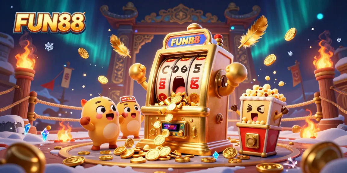 Spin for big wins at FUN88 with a golden slot machine hitting its jackpot amidst celebrating companions.