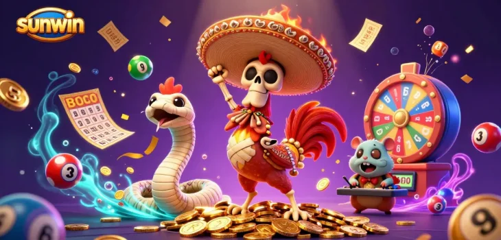 Experience the excitement of sunwin as a cartoon mariachi rooster dances on gold coins amidst vibrant casino elements.