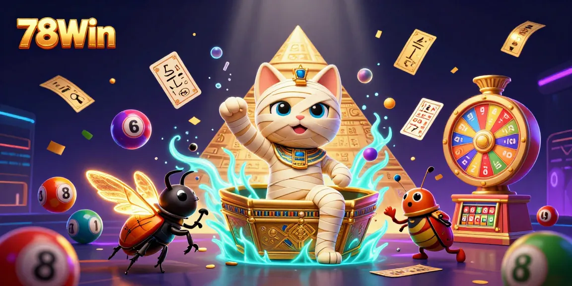 Experience the excitement of 78Win with a thrilling 3D casino scene featuring a mummy cat and vibrant gaming elements.