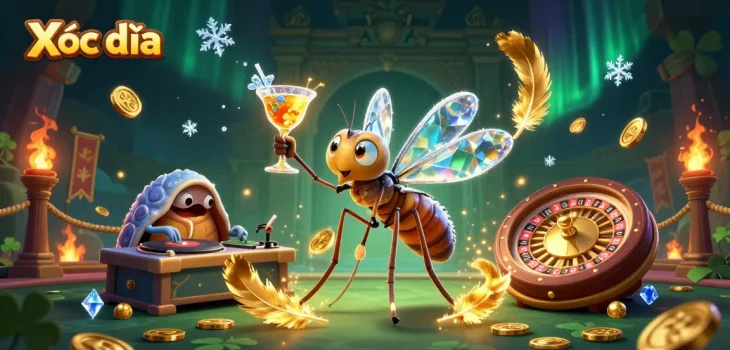 Xóc đĩa gameplay featuring a vibrant 3D scene with a charming casino mascot, dynamic DJ, and golden roulette wheel.