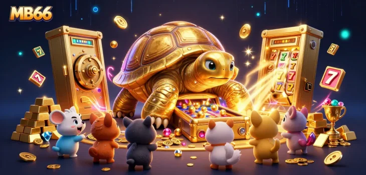 Experience thrilling gameplay at MB66 with a golden tortoise pinball machine amidst sparkling treasures.