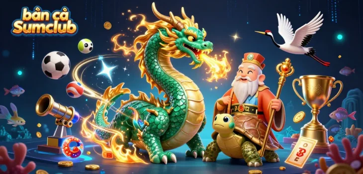Bắn cá Sumclub features an emerald dragon, turtle sage, and lucky cranes in an electrifying sea game scene.