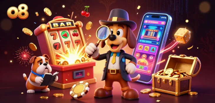 Join o8 in a thrilling casino adventure with detectives hunting treasure amid jackpot excitement.