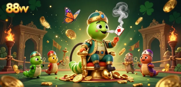Caterpillar hookah master of 88vv creates smoke rings as poker symbols amidst a vibrant casino scene.