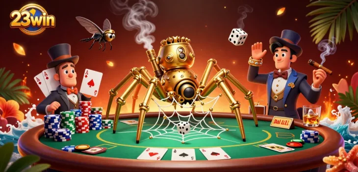 Catch lucky dice in the 23win's golden spider web in a rich casino scene.