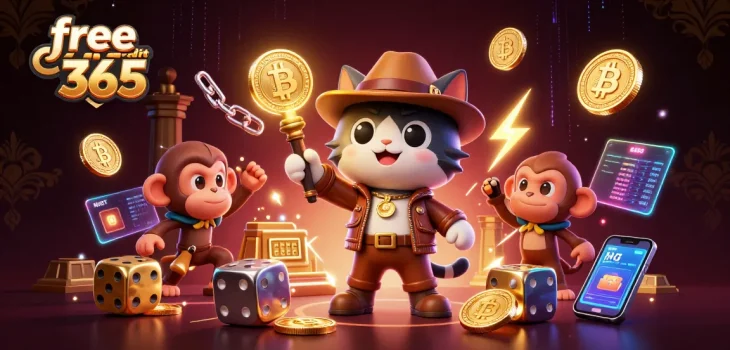 Engage with free credit 365 opportunities in dynamic casino illustrations featuring gold artifacts and neon crypto elements.