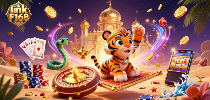 Engage with link F168's dynamic casino world featuring an Arabian-themed tiger sultan on a poker chip carpet.