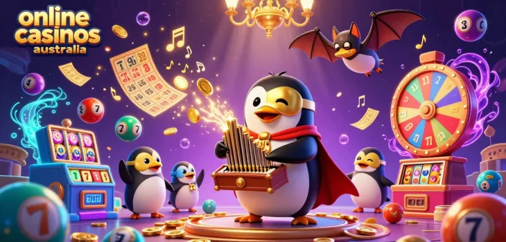 Engage in online casinos australia with a vibrant 3D scene showcasing animated casino elements and characters.