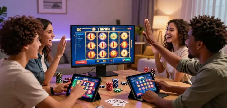 Friends celebrating a big win on slot gacor at AWSLOT777 in a lively online gaming environment.